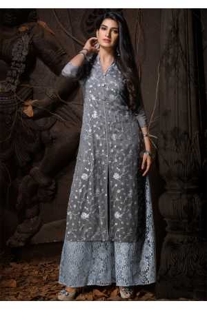 Grey Color Designer Chiffon Straight Cut Kurti